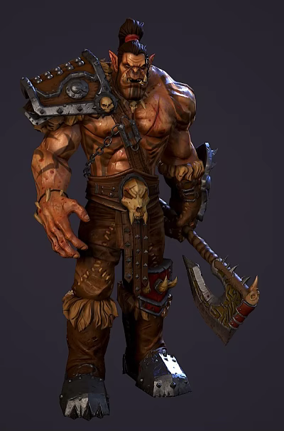 Muscular Game Movie Character Warrior In Leather Armor With Skull Decorations Holding Spiked Axe 3d model
