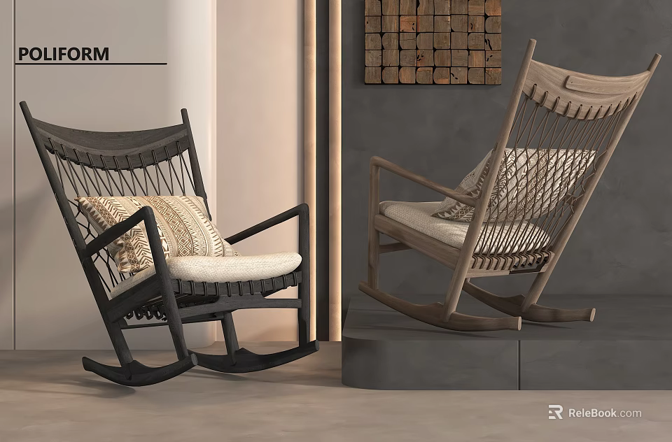 Modern Rocking Chair With Woven Backrest Armrests And Cushions In Stylish Living Space 3d model 