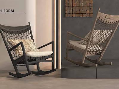 Modern Rocking Chair With Woven Backrest Armrests And Cushions In Stylish Living Space 3d model