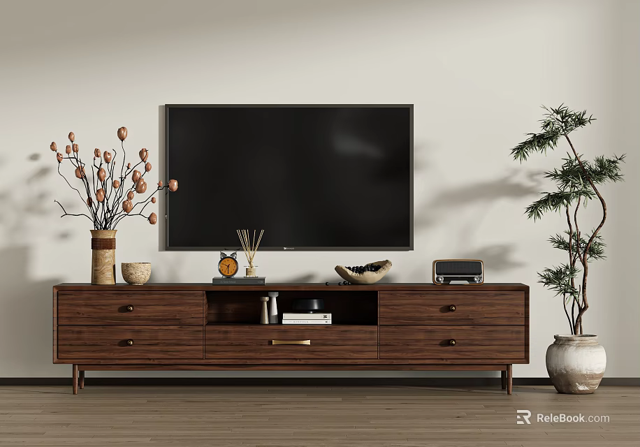 Modern Wooden TV Stand With Flat Screen TV Decorative Vases Fruit Bowl And Potted Plant 3d model 