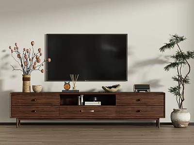 Modern Wooden TV Stand With Flat Screen TV Decorative Vases Fruit Bowl And Potted Plant 3d model