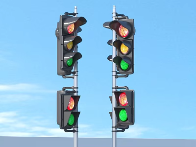 Traffic Lights With Red Yellow Green Signals Against Blue Sky Background 3d model