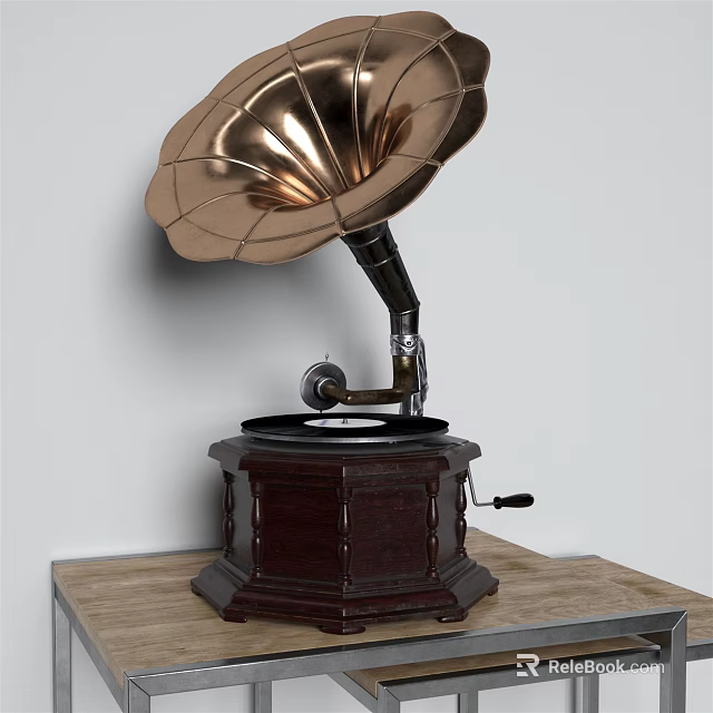 Classic Vintage Gramophone Speaker With Brass Horn And Dark Wooden Base On Table 3d model 