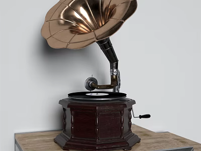 Classic Vintage Gramophone Speaker With Brass Horn And Dark Wooden Base On Table 3d model