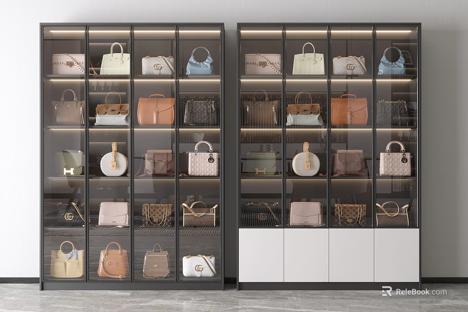 Modern Glass Display Cabinets Showcasing Various Stylish Designer Handbags Collection 3d model 