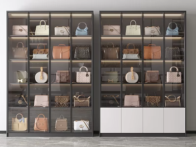 Modern Glass Display Cabinets Showcasing Various Stylish Designer Handbags Collection 3d model