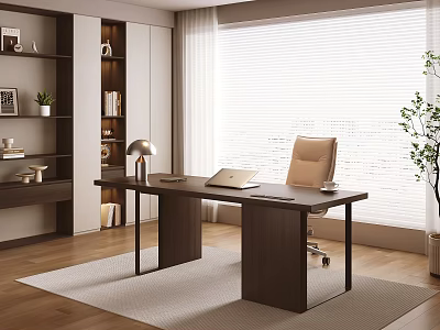 Dark Wooden Desk with Laptop Table Lamp and Beige Leather Chair Near Bookshelf Window Blinds 3d model