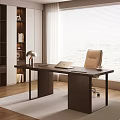 Dark Wooden Desk with Laptop Table Lamp and Beige Leather Chair Near Bookshelf Window Blinds