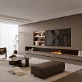 Modern Living Room Interior With Wall Unit TV Fireplace Armchair Coffee Table And Plant