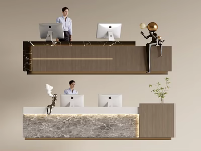 Modern Reception Desk With Receptionists Computers Marble Countertop And Wooden Design 3d model