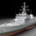 Gray Warship With Red Bottom Superstructure And Radar Antennas Side View 3d model