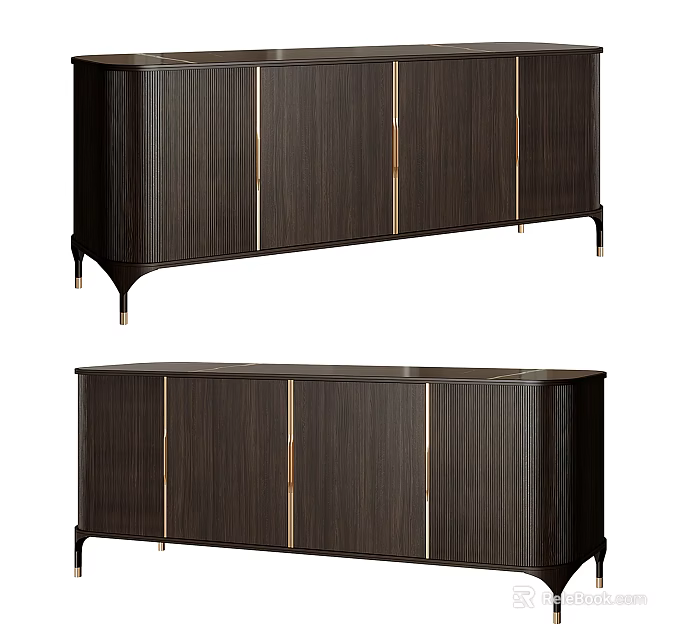 Modern Dark Wooden Console Cabinet And Sideboard With Gold Metal Trim And High Legs 3d model 