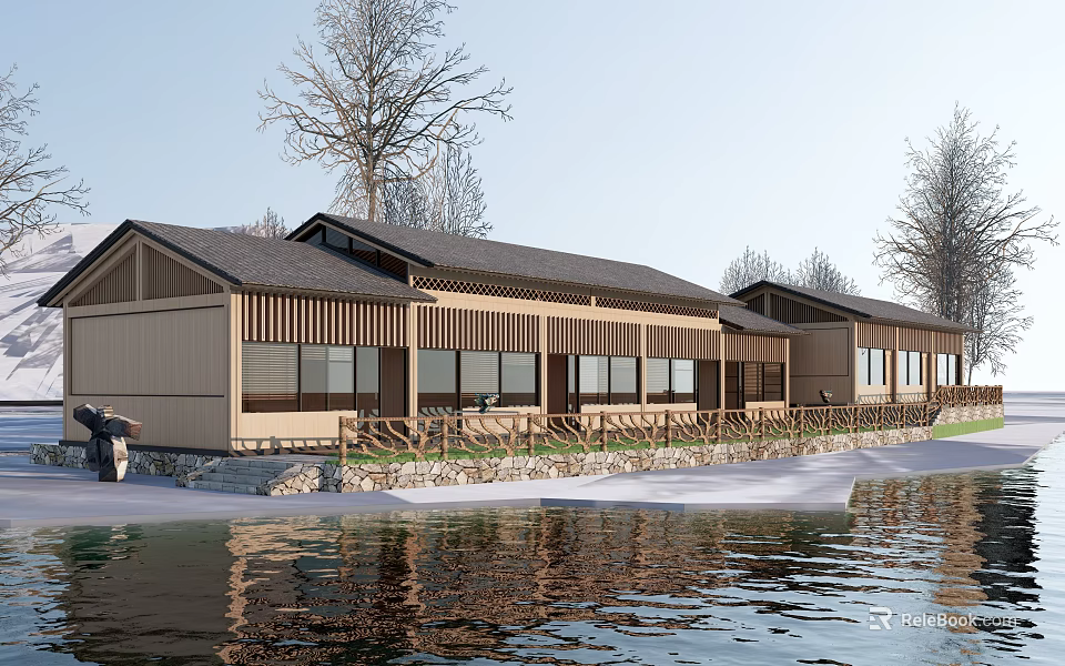 Rural Self Built House With Wooden Structure Large Windows And Waterfront Surroundings 3d model 