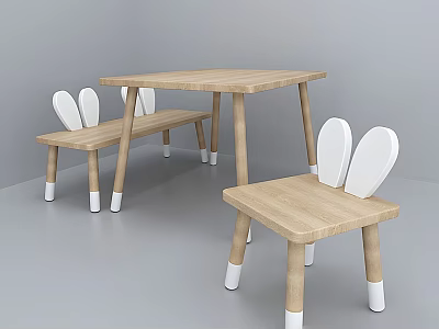 Light Wooden Kids Table and Chair Set with Rabbit Ear Backrests and White Legs 3d model