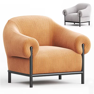 Orange Corduroy Armchair with Curved Armrests and Black Metal Legs Modern Living Room Furniture 3d model