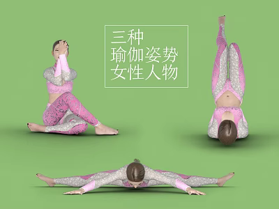 Woman Demonstrating Three Different Yoga Poses In Pink And White Outfit 3d model