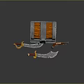 Sharp Bladed Weapons With Red Handles Lying Near Open Orange Silver Treasure Chest