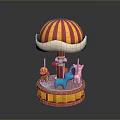 Toy Carousel Model With Red Yellow Striped Canopy And Colorful Animal Figures