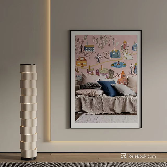 Cute Kids Bed With Colorful Cartoon House Patterns And Soft Pillows On Pink Wall 3d model 