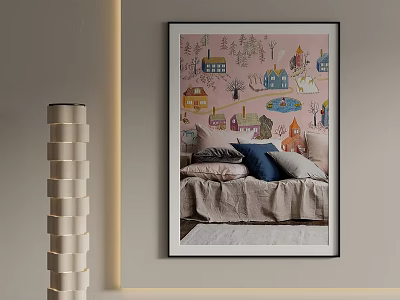 Cute Kids Bed With Colorful Cartoon House Patterns And Soft Pillows On Pink Wall 3d model