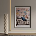 Cute Kids Bed With Colorful Cartoon House Patterns And Soft Pillows On Pink Wall