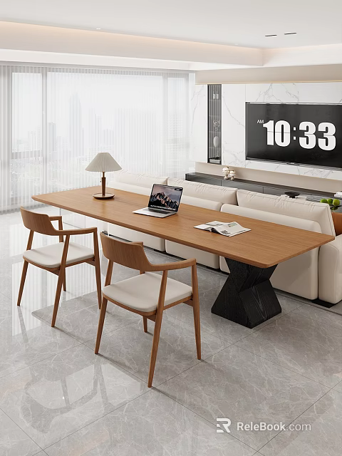 Modern Wooden Table with Armchairs Light Cushions Laptop Lamp Magazine in Bright Living Room 3d model 