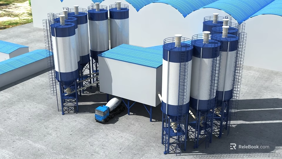 Industrial Factory with Multiple Blue and White Silos Blue Roof Building and Blue Truck 3d model 