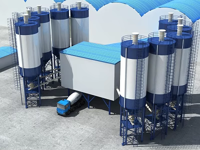 Industrial Factory with Multiple Blue and White Silos Blue Roof Building and Blue Truck 3d model