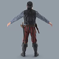 Man In Pirate Striped Shirt Black Vest Red Black Striped Pants Boots Holsters Arms Outstretched