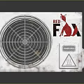 Red Fox Electronic Cooling Device With White Casing Circular Fan Grille And Warning Sign