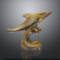 Wooden Dolphin Sculpture With Leaping Pose And Wave Shaped Base