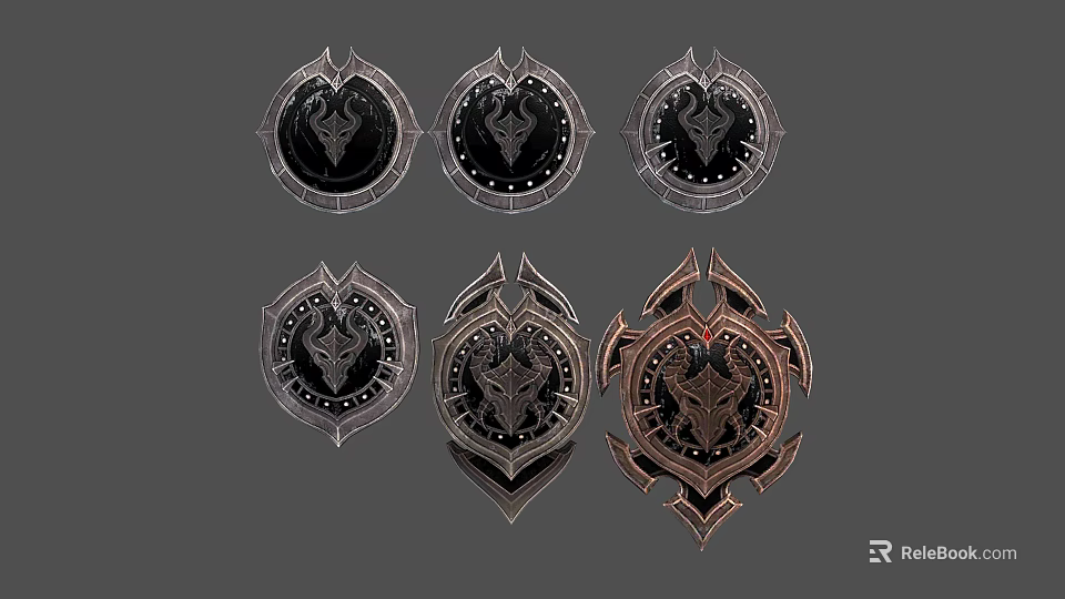 Various Ornate Shield Badge Designs With Intricate Patterns And Metallic Details 3d model 