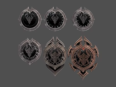 Various Ornate Shield Badge Designs With Intricate Patterns And Metallic Details 3d model