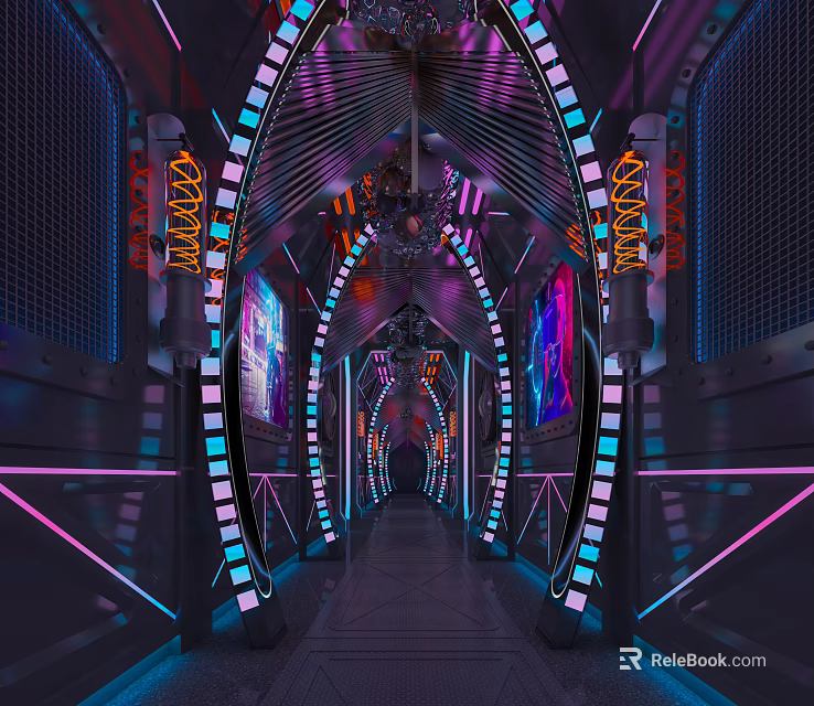 Futuristic KTV Corridor With Neon Lights Arched Structures Artworks And Dynamic Ambiance 3d model 