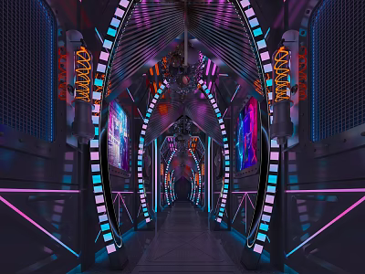 Futuristic KTV Corridor With Neon Lights Arched Structures Artworks And Dynamic Ambiance 3d model