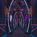 Futuristic KTV Corridor With Neon Lights Arched Structures Artworks And Dynamic Ambiance
