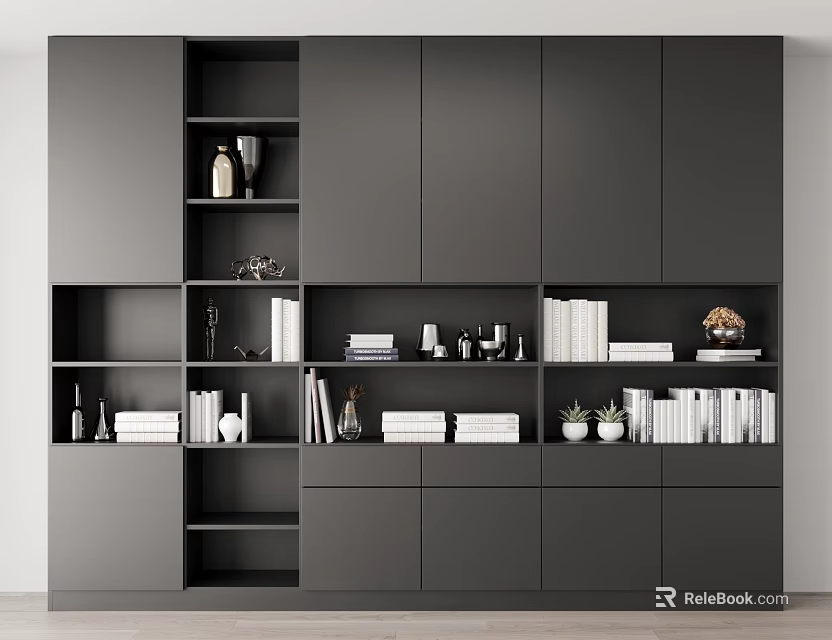 Modern Black Bookshelf With Multiple Compartments And Books Decorative Items Vases Potted Plants 3d model 