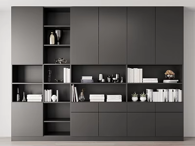 Modern Black Bookshelf With Multiple Compartments And Books Decorative Items Vases Potted Plants 3d model