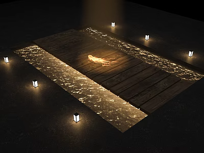 Wooden Floor Area With Flowing Water Small Lights And Glowing Object Warm Ambiance 3d model