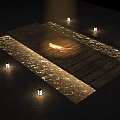 Wooden Floor Area With Flowing Water Small Lights And Glowing Object Warm Ambiance