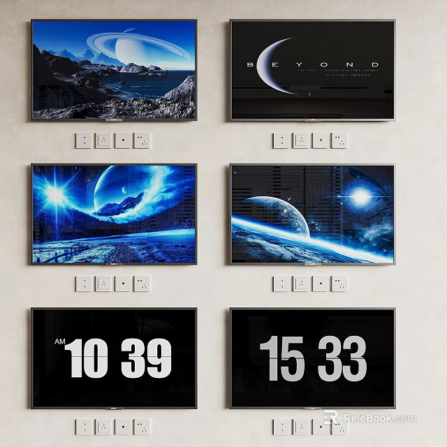 Wall Mounted TVs Displaying Various Sci Fi Landscape And Time Screens 3d model