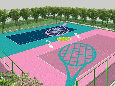 School Outdoor Tennis Courts With Blue Pink Surfaces And Tennis Racket Design 3d model