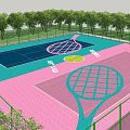 School Outdoor Tennis Courts With Blue Pink Surfaces And Tennis Racket Design