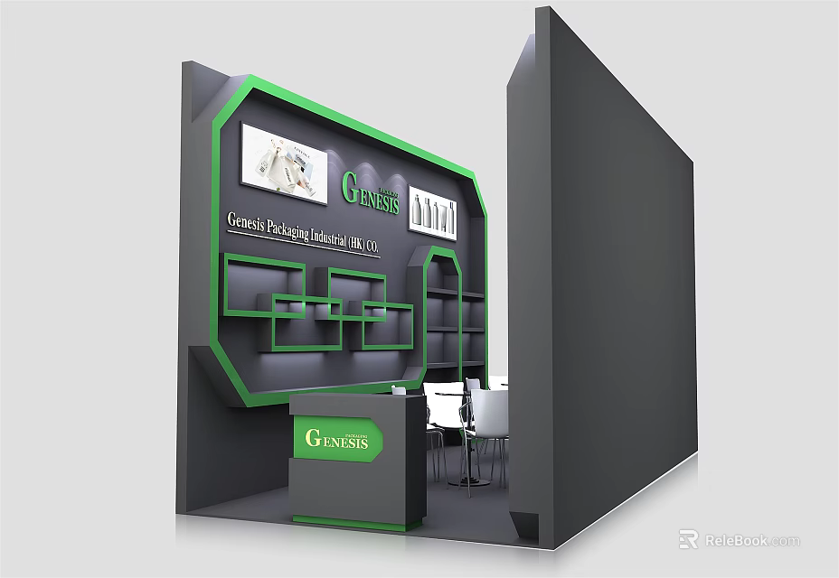 Modern Black And Green Exhibition Booth Featuring Genesis Logo Display Shelves Tables And Chairs 3d model 