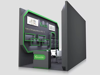 Modern Black And Green Exhibition Booth Featuring Genesis Logo Display Shelves Tables And Chairs 3d model