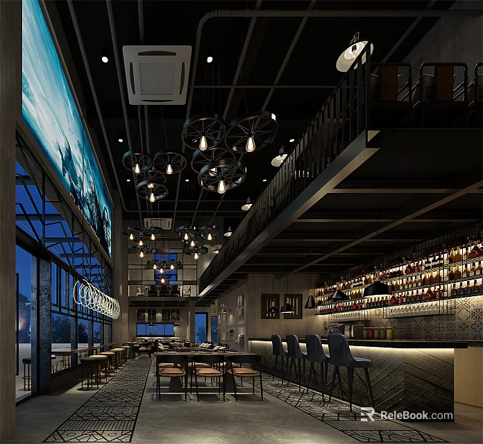 Modern Restaurant Interior Featuring Chandeliers Bar Counter Wine Racks And Wooden Tables 3d model 
