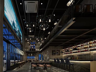 Modern Restaurant Interior Featuring Chandeliers Bar Counter Wine Racks And Wooden Tables 3d model
