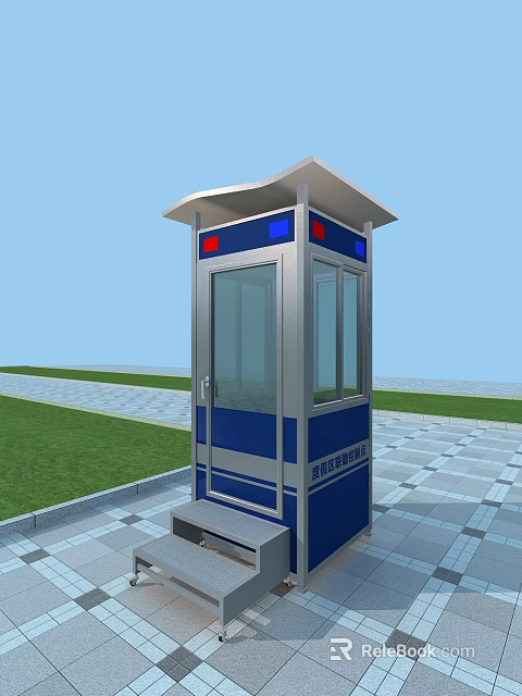 Blue Silver Security Booth With Glass Windows Red Blue Lights Steps And Tiled Ground 3d model 