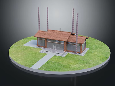 Cartoon Style Small House With Brown Roof Green Lawn Circular Base Pathway And Tall Pillars 3d model