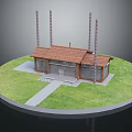 Cartoon Style Small House With Brown Roof Green Lawn Circular Base Pathway And Tall Pillars